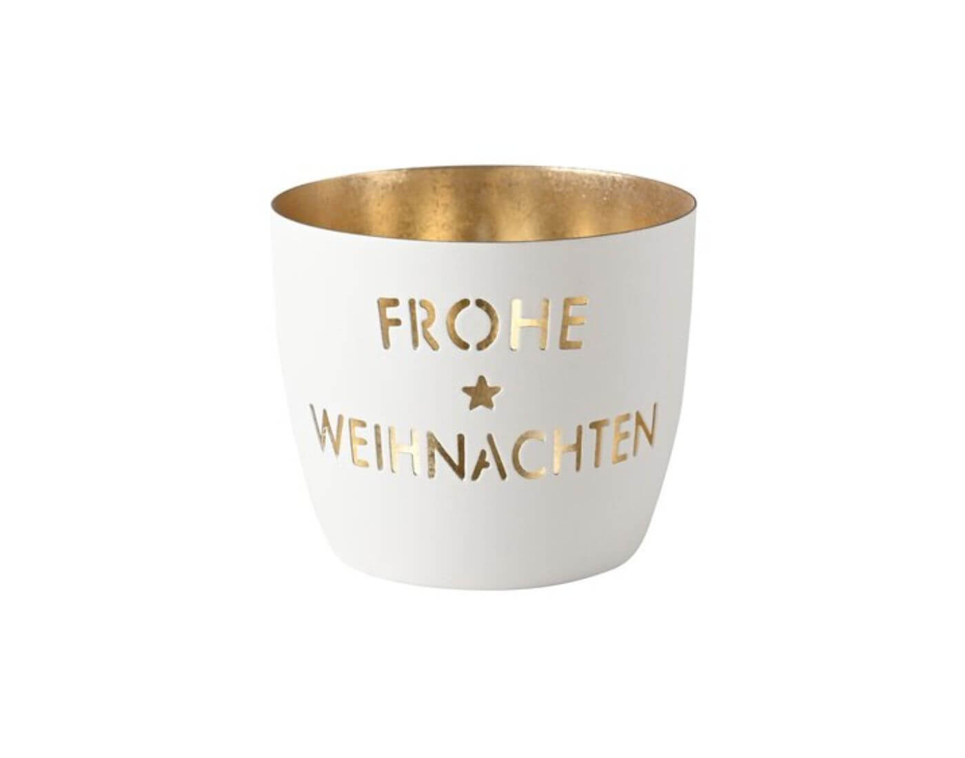 Madras, Windlicht, M, Motiv: Frohe Weihnachten, weiß/gold