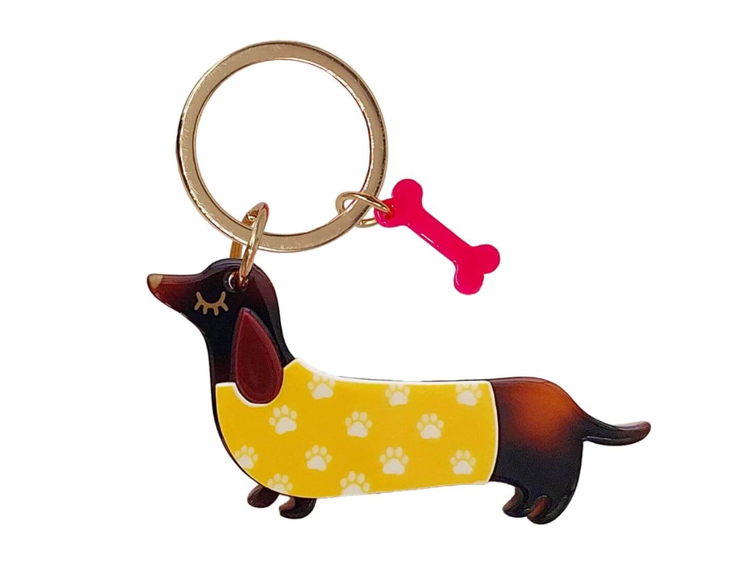 Schlüsselanhänger "Dackel" braun gemustert mit Pullover gelb mit Pfötchen