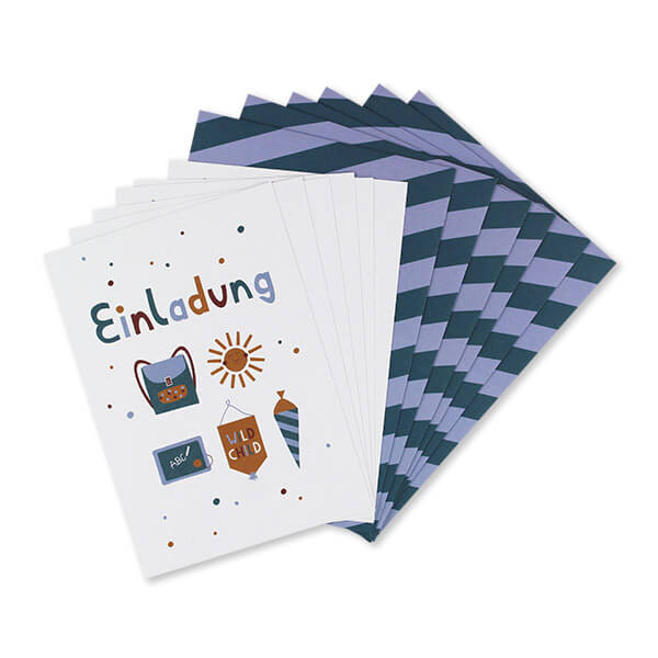 Einladungskarten-Set mit Sonne Schulranzen “Adventure” – Schulkind