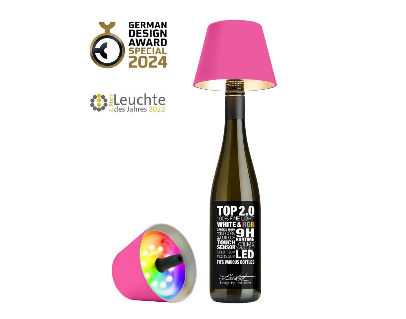 TOP 2.0 - neon pink, Akku-Flaschenleuchte