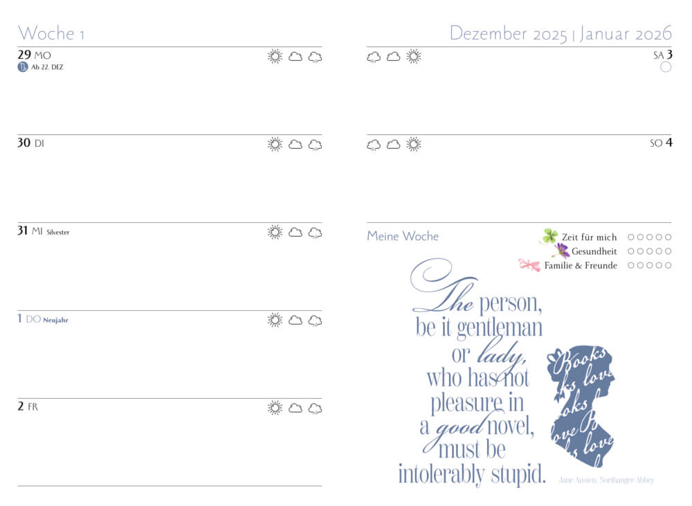 Wochenkalender: GlücksKalender Jane Austen 2026 (Bastin) Wochenkalender: GlücksKalender Jane Austen 2026 (Bastin)