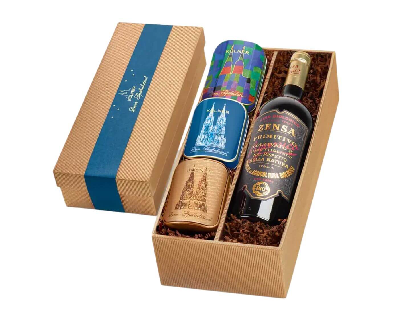 Geschenkkiste Domissimo Blau – Rotwein Zensa Primitivo bio