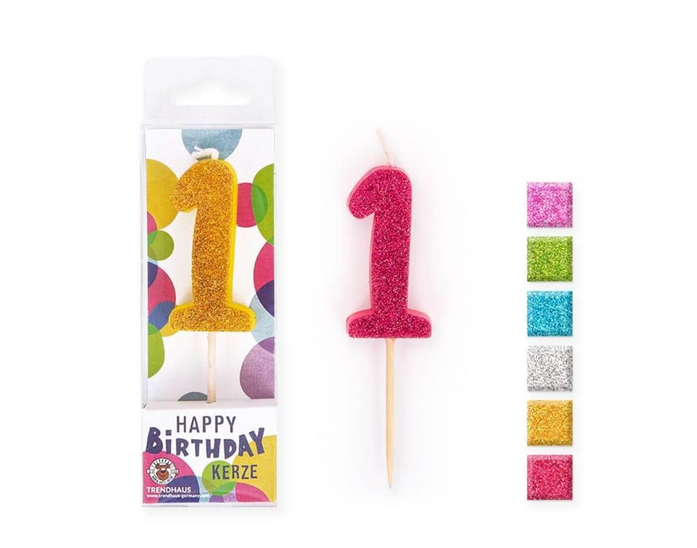 BIRTHDAY FUN Zahlenkerze Glitter Mini 1, 6-fach sortiert
