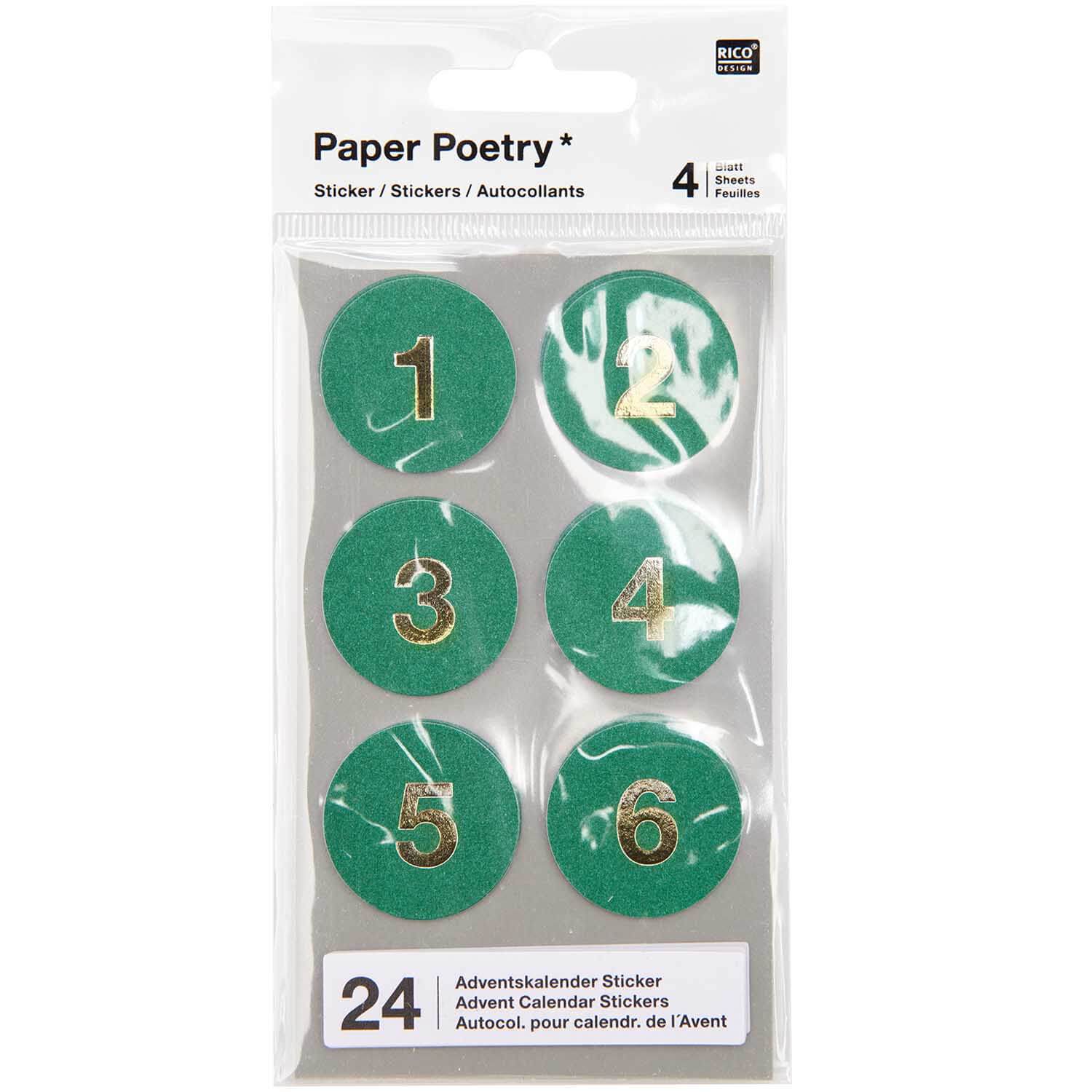ADVENTSKALENDER STICKER ZAHLEN 1-24 GRÜN PAPER POETRY