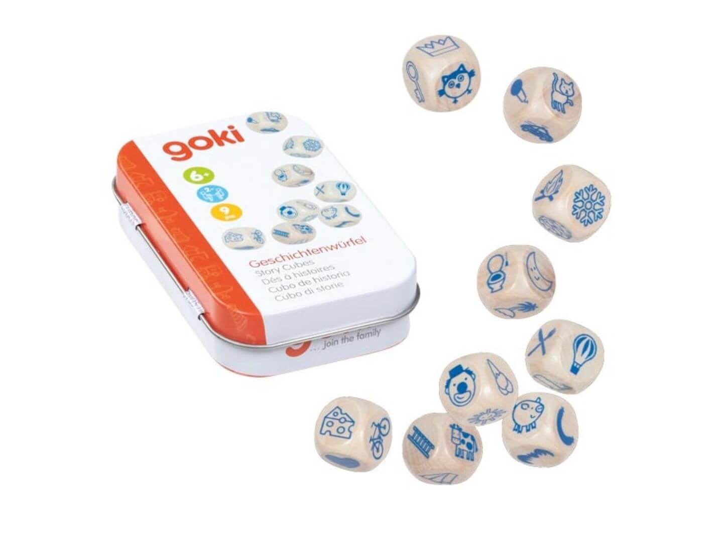 Geschichtenwürfel in Blechdose