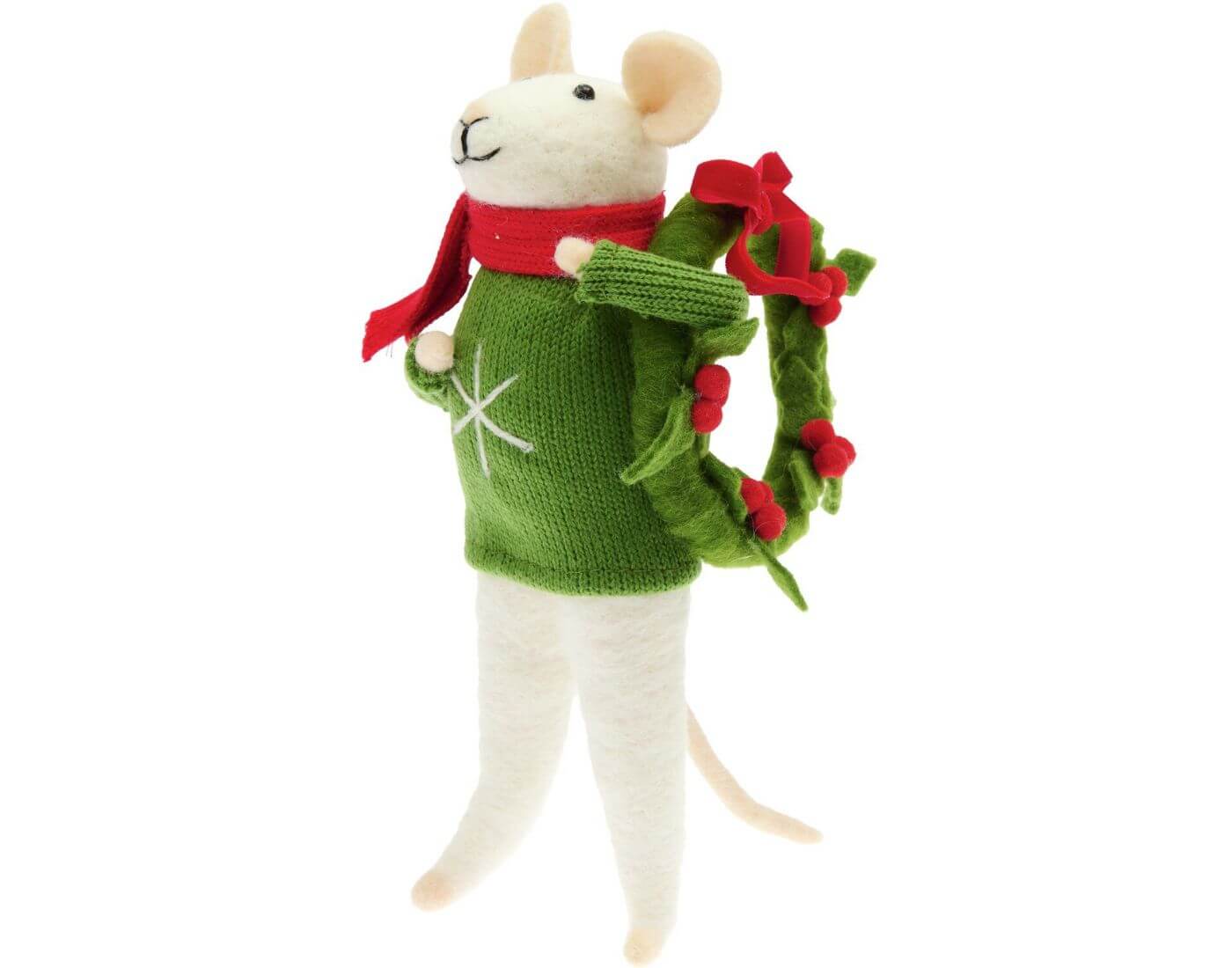Filz-Maus mit Ilexkranz und grünem Strickpulli