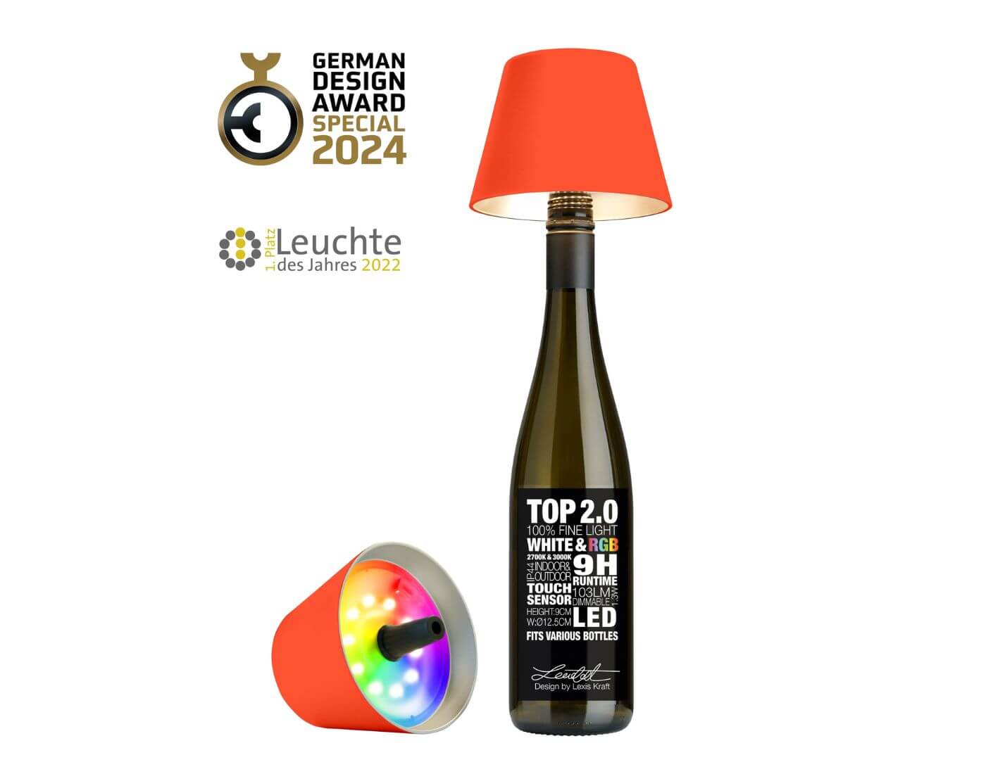 TOP 2.0 - neon orange, Akku-Flaschenleuchte