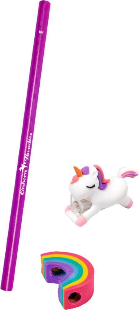 Bleistift mit Anspitzer & Radierer - Einhorn-Paradies, sort.