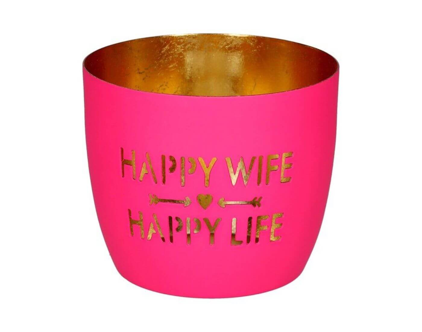 Madras, Windlicht, M, Motiv: Happy wife, happy life, hot pink/gold