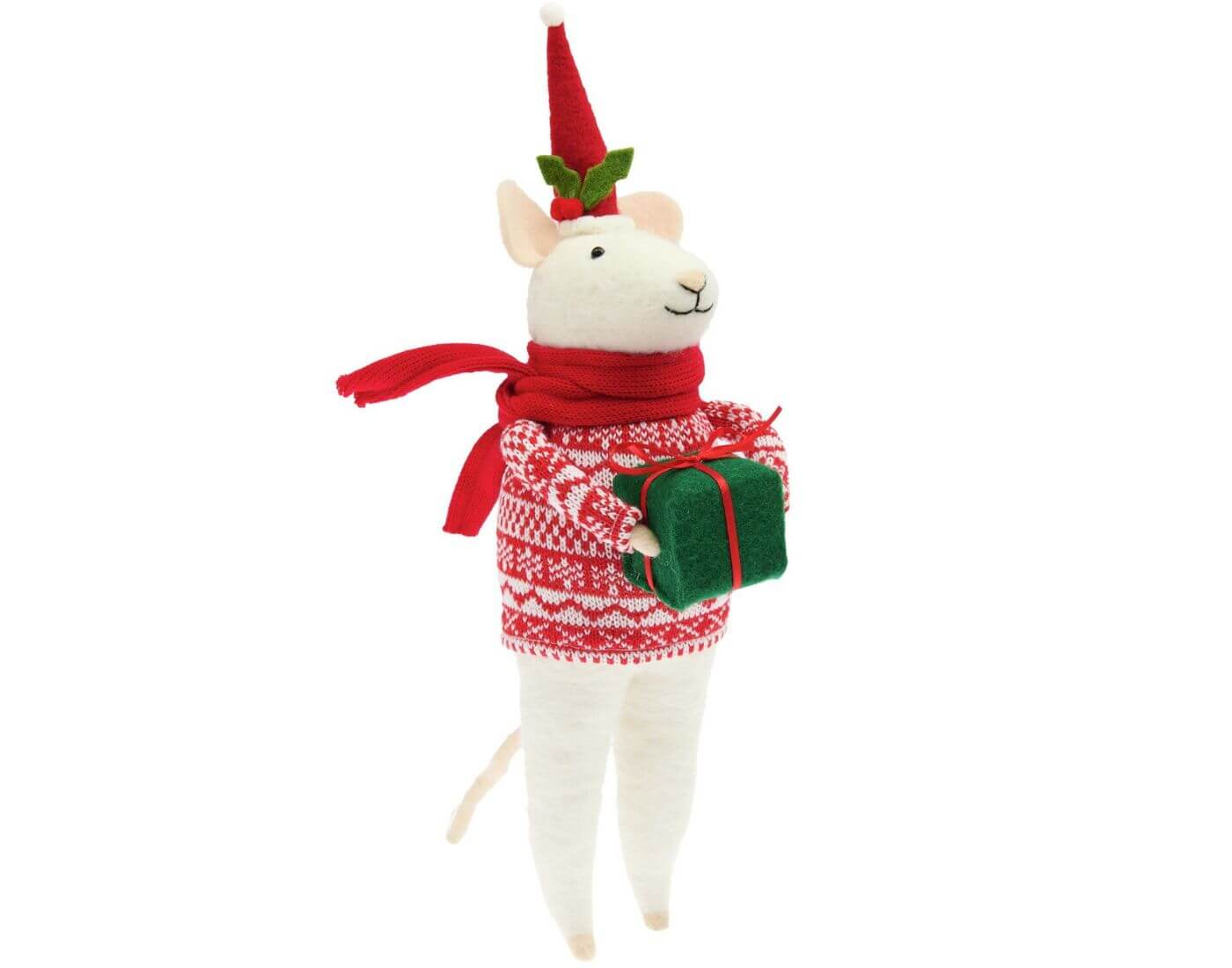 Filz-Maus XXL mit Geschenk und rotem Strickpulli