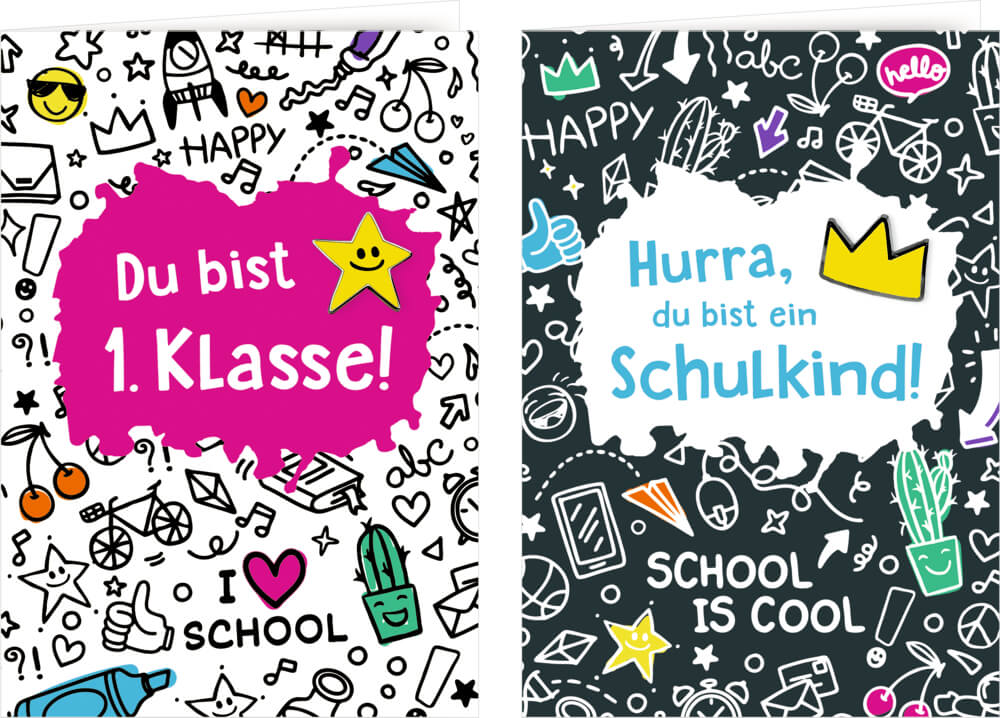 Grußkarte mit Wegbegleiter-Pin – Du bist 1. Klasse! / Hurra, du bist ein Schulkind! (einzeln)