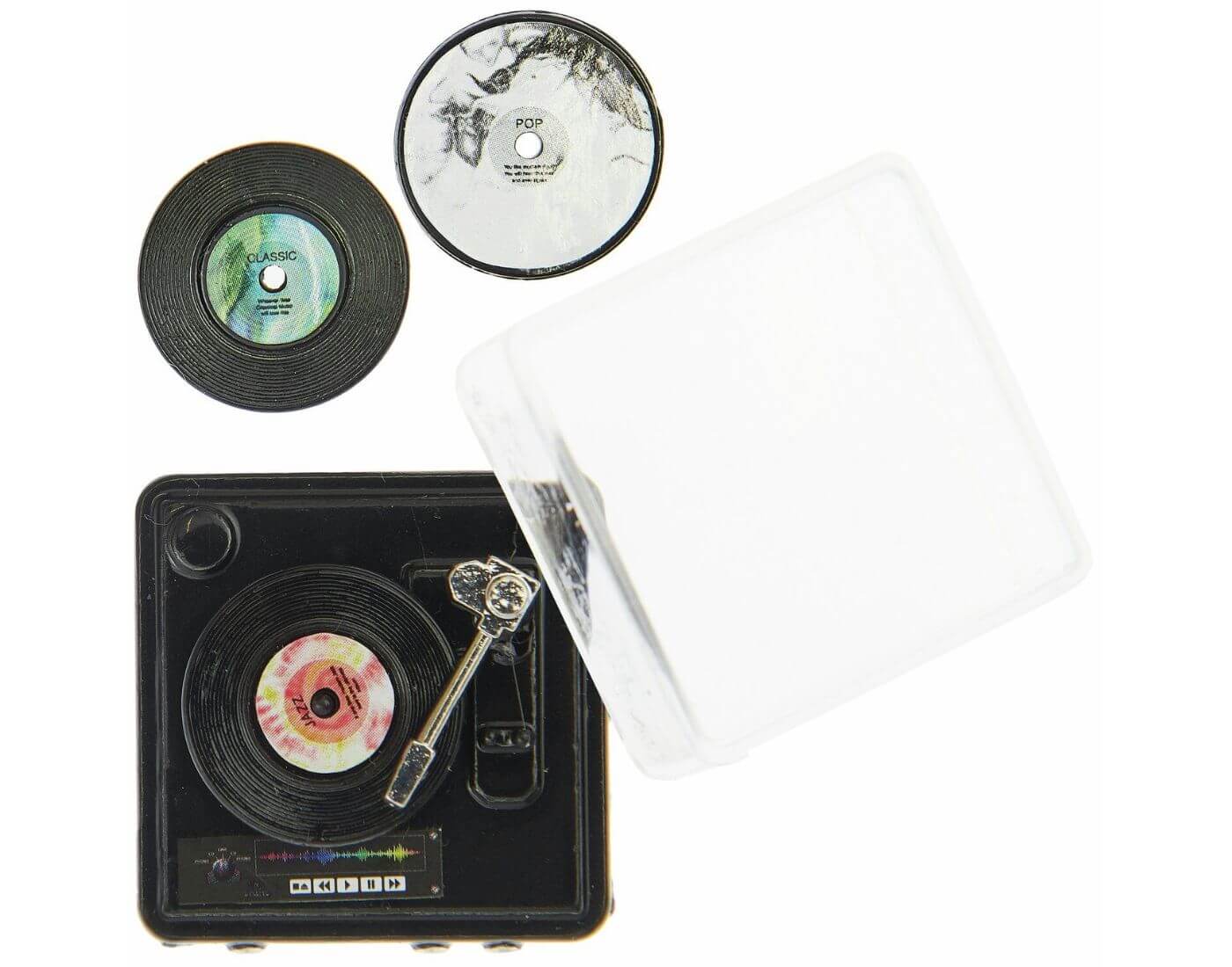 Miniatur Plattenspieler mit Schallplatten