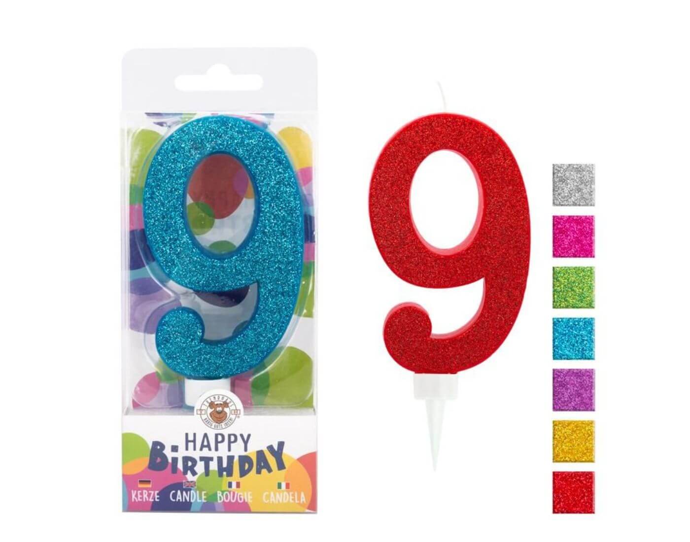 BIRTHDAY FUN Zahlenkerze 9 Glitter Maxi, 6-fach sortiert