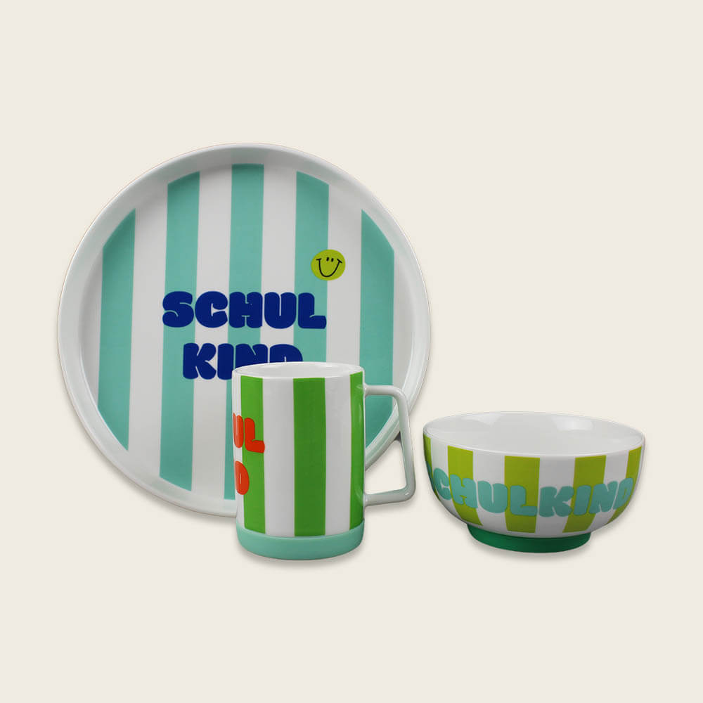 Porzellan-Set Schulkind Streifen, türkis und grün mit großem Teller (23cm), Becher und Müslischale