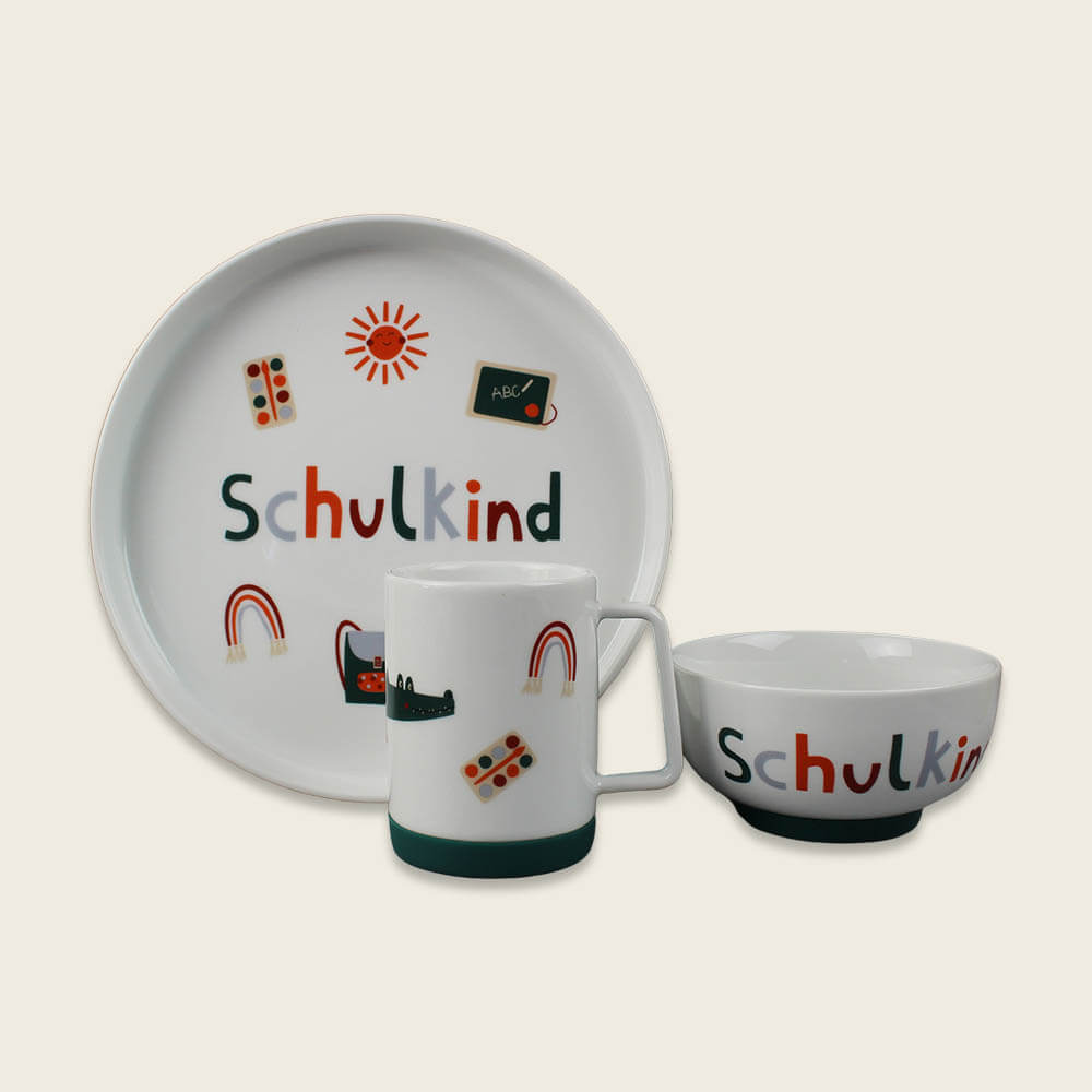 Porzellanset Schulkind Adventure mit großem Teller (23cm), Becher und Müslischale