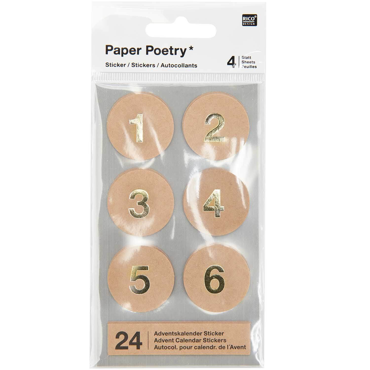 ADVENTSKALENDER STICKER ZAHLEN 1-24 KRAFTPAPIER PAPER POETRY