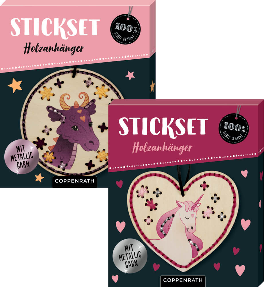 Sticken auf Holzanhänger (Drache oder Einhorn) - 100% selbst gemacht (einzeln)