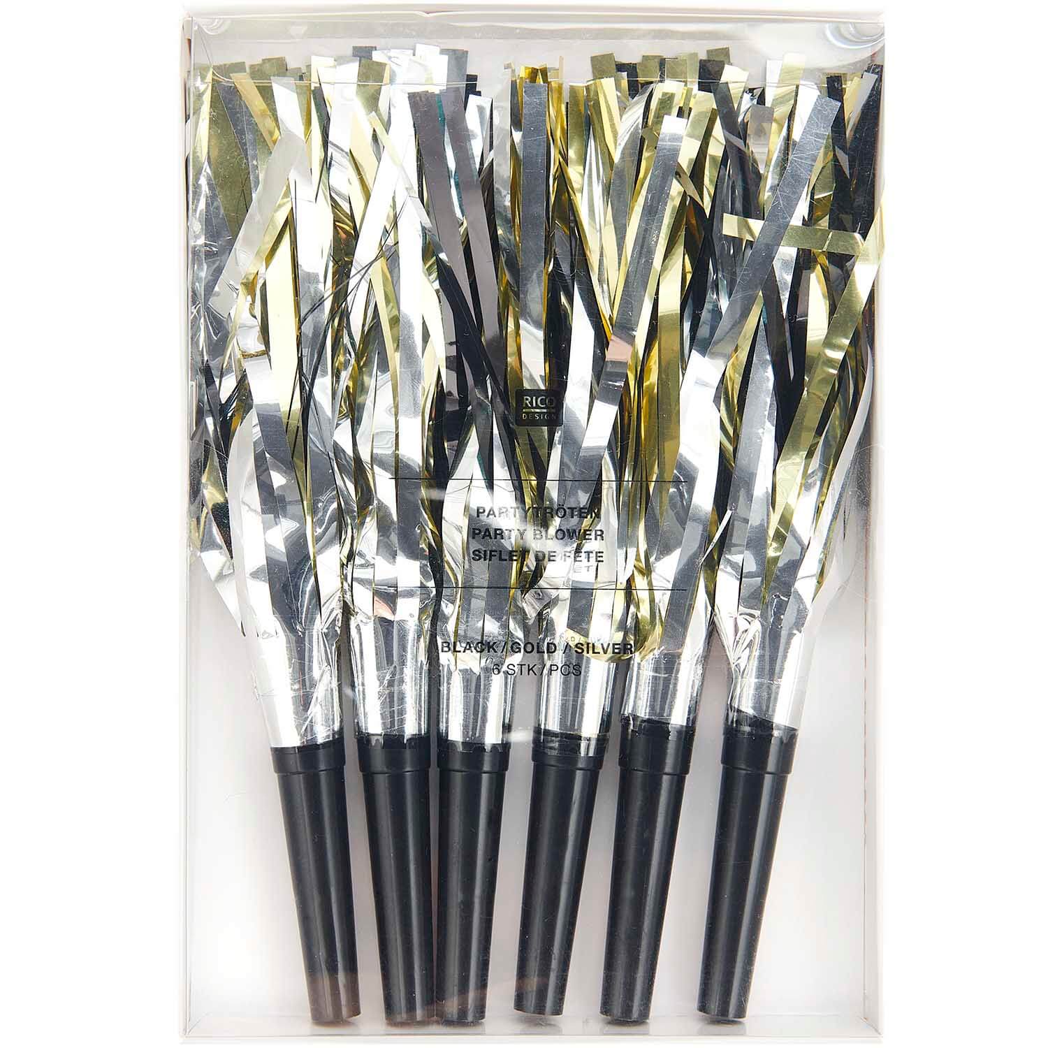 400472_2-1 Partytröten Flitter, schwarz/gold/silber
