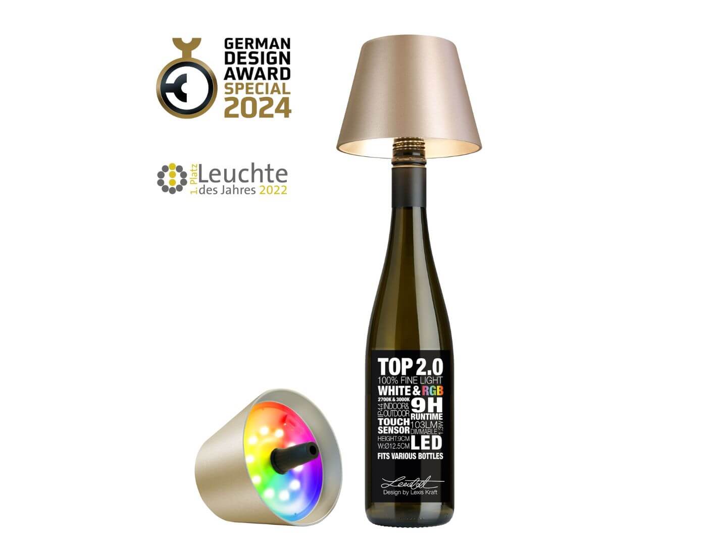 TOP 2.0 - champagner metallic, Akku-Flaschenleuchte