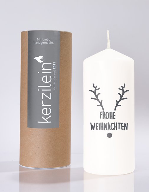 Kerze 'Frohe Weihnachten' mit Geweih, weiß/anthrazit / Flamme