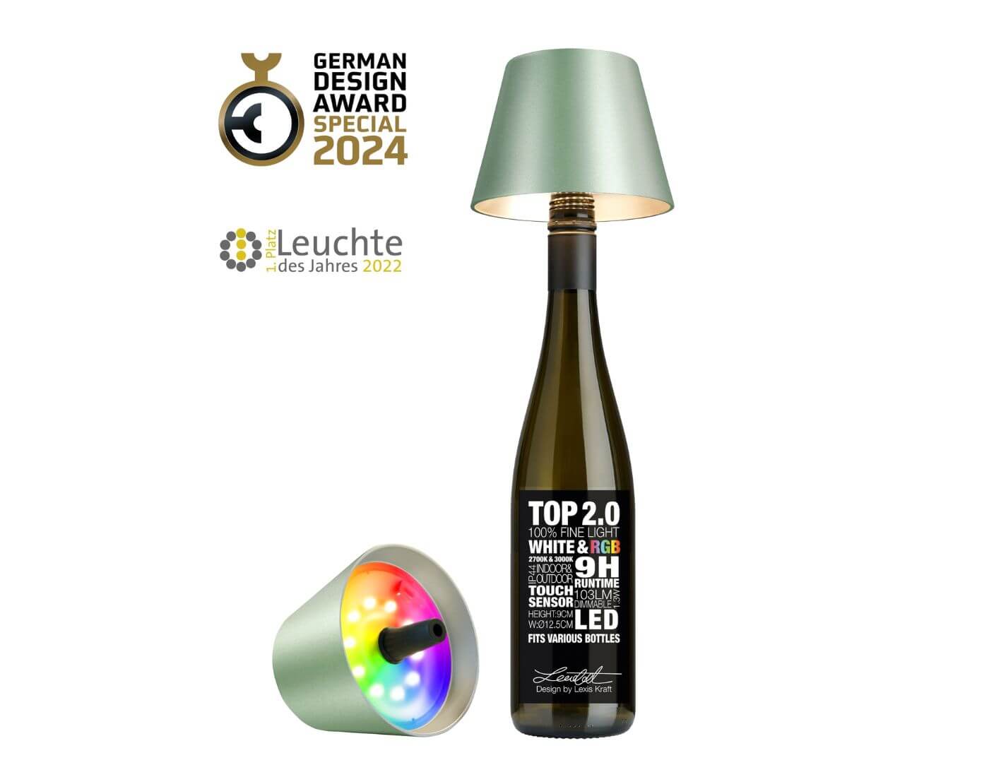 TOP 2.0 - grün metallic, Akku-Flaschenleuchte