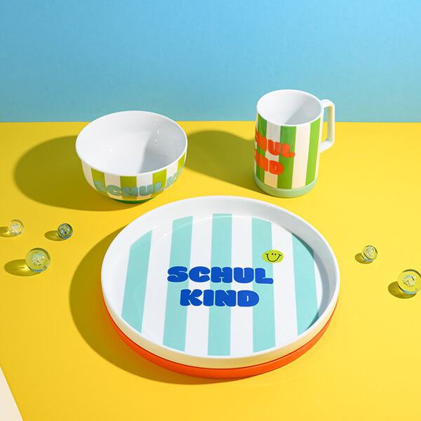 Porzellan-Set Schulkind Streifen, türkis und grün mit großem Teller (23cm), Becher und Müslischale