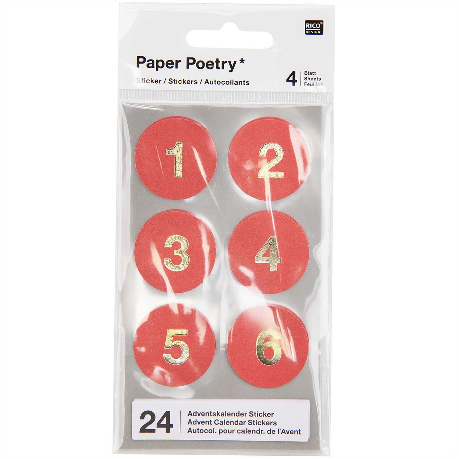 ADVENTSKALENDER STICKER ZAHLEN 1-24 ROT PAPER POETRY