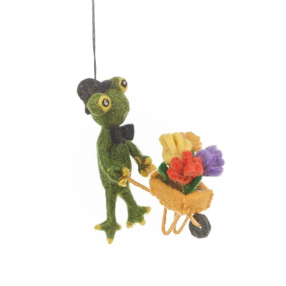 Handgemachter Filz-Frosch „Fletcher der Florist“ zum Aufhängen