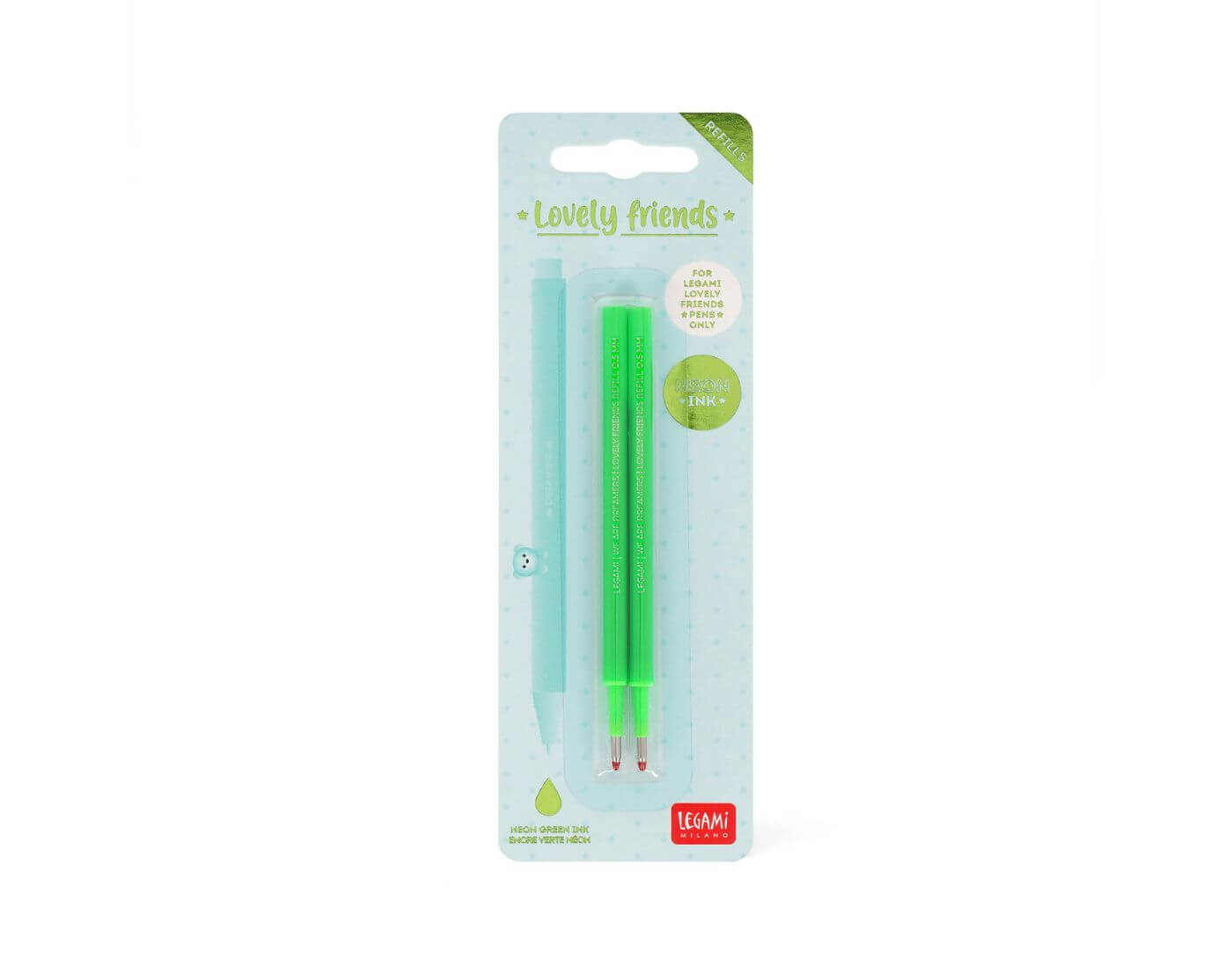 legami-ersatzmine-neongreen-1-1 Set mit 2 Ersatzpatronen für Gelstift - Lovely Friends - Neon Grün