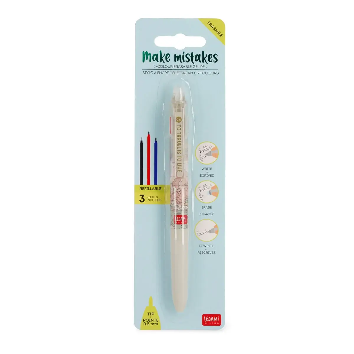 TEP0001_4 Löschbarer Gelstift in 3 Farben - To travel is to live