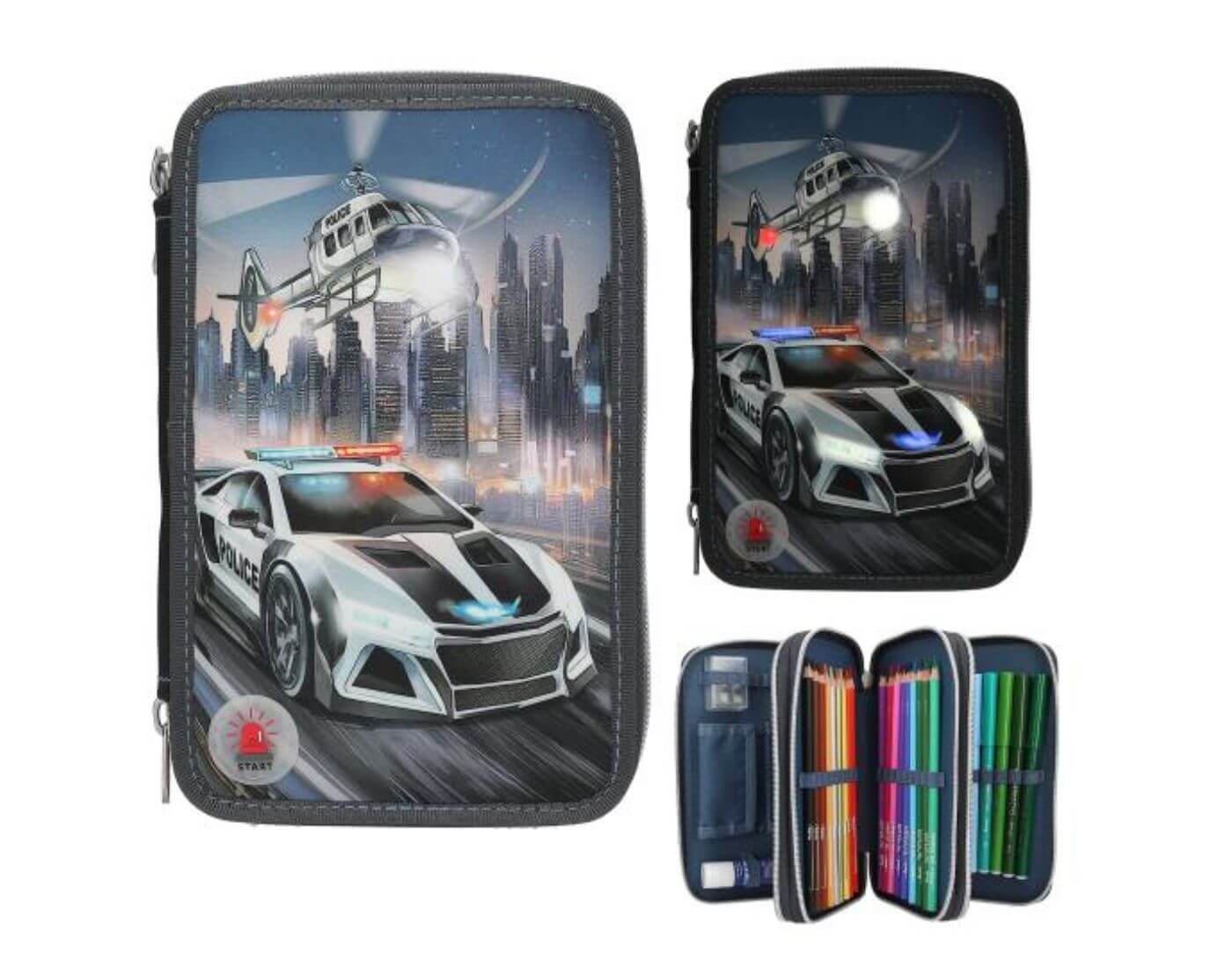 Monster Cars 3 Fach Federtasche LED Polizeiauto Monster Cars 3 Fach Federtasche LED Polizeiauto