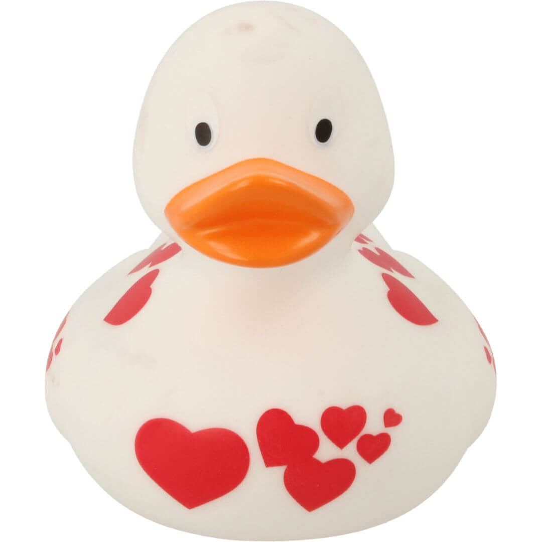 lilalu-badeente-weiss-Herzen-1 Badeente weiß mit roten Herzen