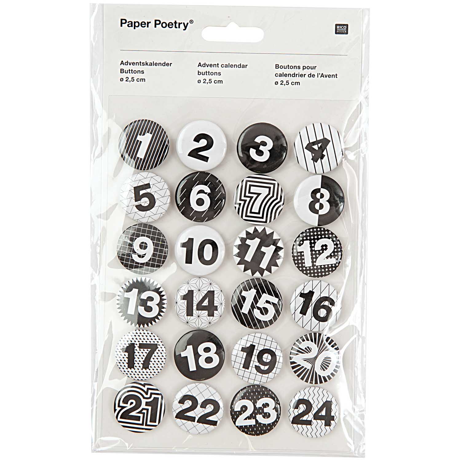 08792-88-21_1 Paper Poetry Adventskalender Zahlen Buttons schwarz-weiß 2,5cm 24 Stück