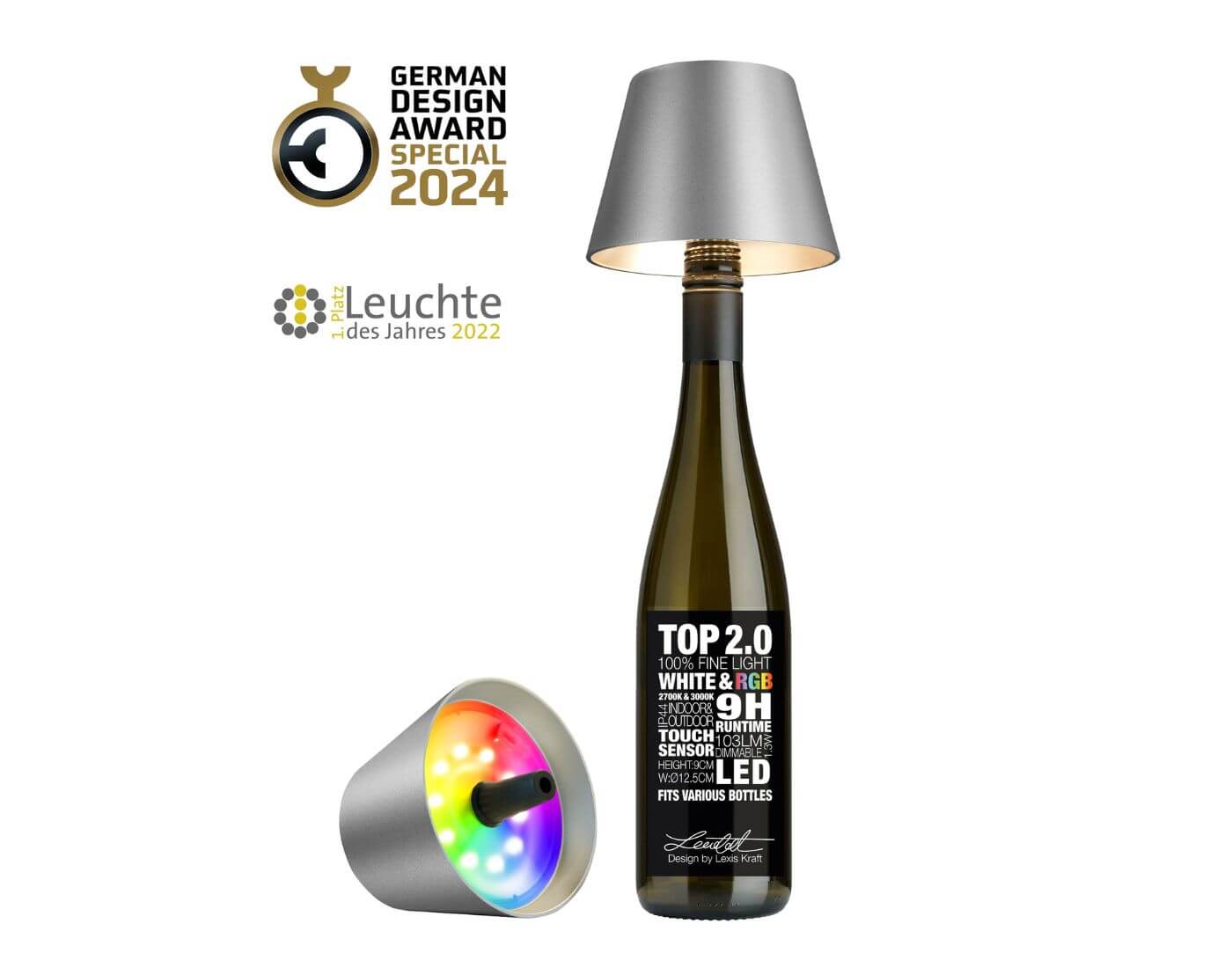 TOP 2.0 - graphit metallic,  Akku-Flaschenleuchte