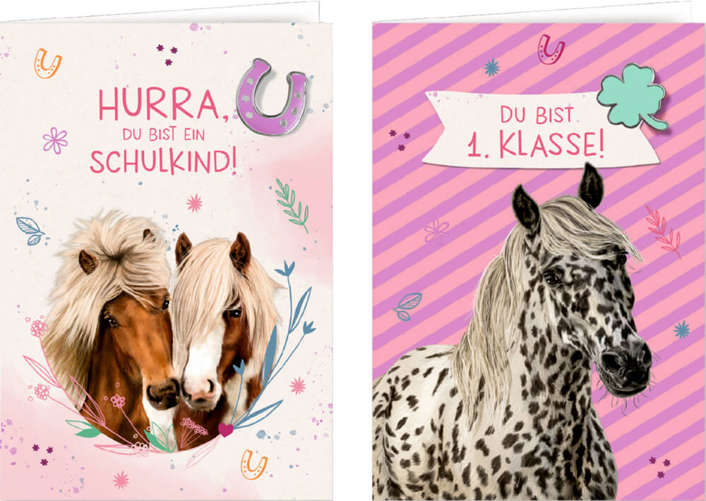 Grußkarte mit Pin: 1.Klasse/Schulkind - Pferdefreunde (einzeln)
