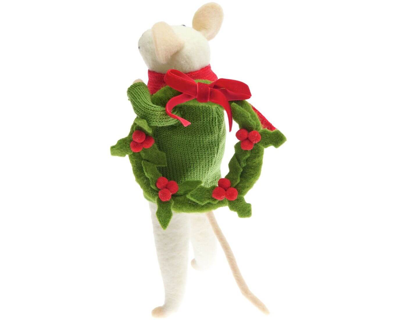 Filz-Maus mit Ilexkranz und grünem Strickpulli