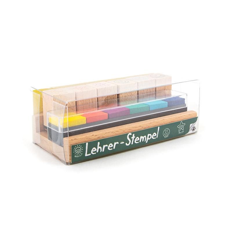 928009_c Holz-Lehrerstempel im Tischaufsteller mit integrierten Stempelkissen 13-teilig