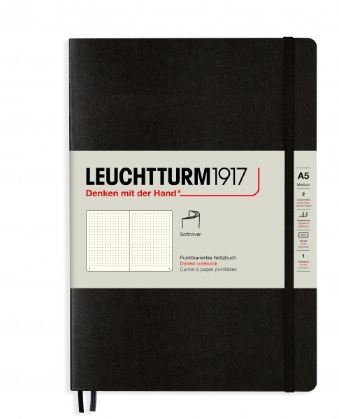 Notizbuch Medium (A5), Softcover, 123 nummerierte Seiten, Schwarz, Dotted