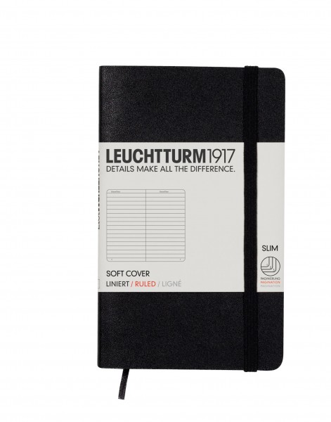 Notizbuch Pocket (A6), Softcover, 123 nummerierte Seiten, Schwarz, Liniert