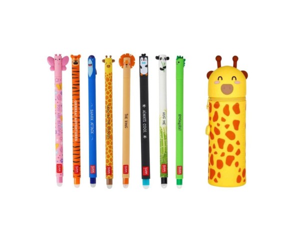 Legami Stifte + Mäppchen Bundle Girafffe - Set mit 8 löschbaren Gelstiften