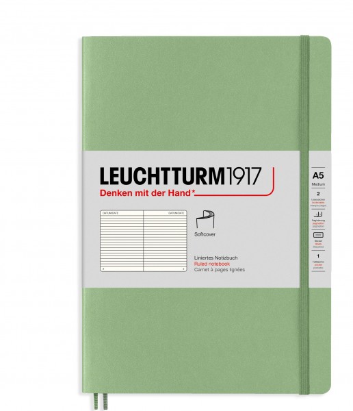 Notizbuch Medium (A5), Softcover, 123 nummerierte Seiten, Salbei, Liniert