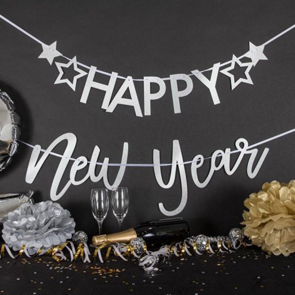 PARTY GLITZER-GIRLANDE "HAPPY NEW YEAR" SILBER