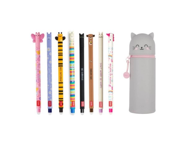 Legami Stifte + Katze Mäppchen Bundle - Set mit 8 löschbaren Gelstiften
