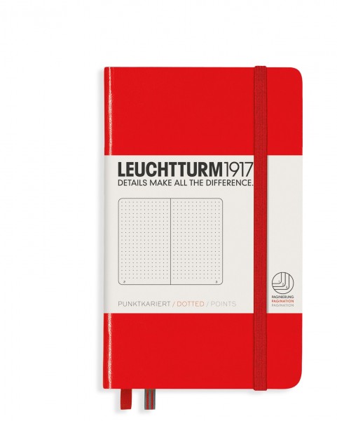 Notizbuch Pocket (A6), Softcover, 123 nummerierte Seiten, Rot, Dotted