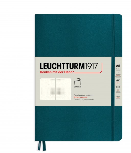 Notizbuch Medium (A5), Softcover, 123 nummerierte Seiten, Pacific Green, Dotted