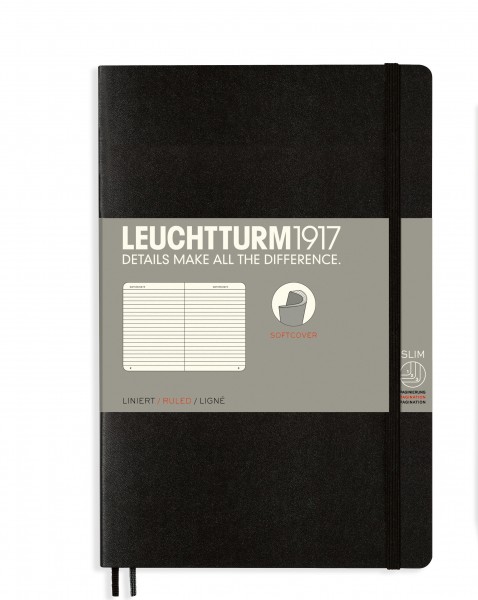 Notizbuch Paperback (B6+), Softcover, 123 nummerierte Seiten, Schwarz, Liniert