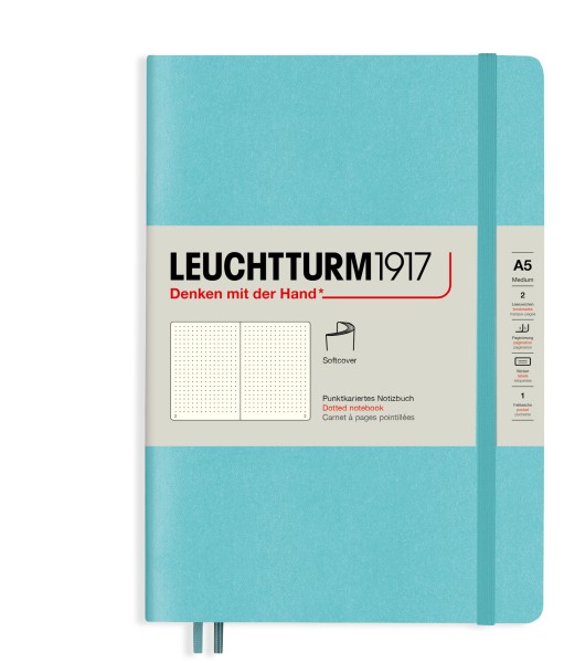 Notizbuch Medium (A5), Softcover, 123 nummerierte Seiten, Aquamarine, dotted