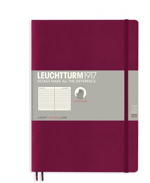 Notizbuch Paperback (B6+), Softcover, 123 nummerierte Seiten, Port Red, Liniert