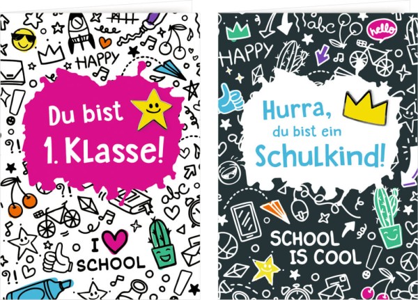 Grußkarte mit Wegbegleiter-Pin – Du bist 1. Klasse! / Hurra, du bist ein Schulkind! (einzeln)