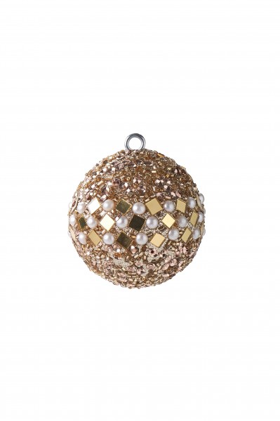 Opium, Weihnachtskugel, 6cm, kleine Spiegelrauten, Perlen, Pailletten, gold/weiß